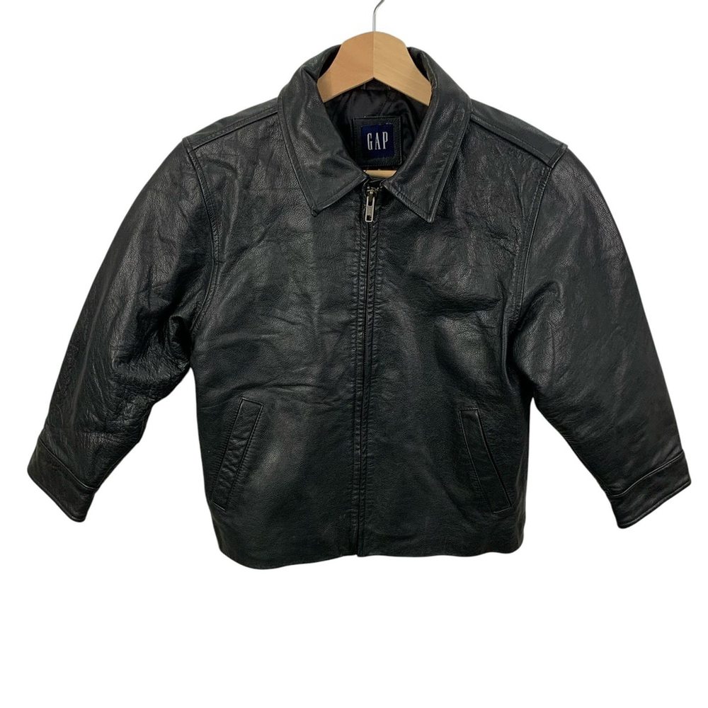 Vintage GAP sz S (5-6) Youth Premium Black Leather Bomber Aviator Jacket Y2K 90s